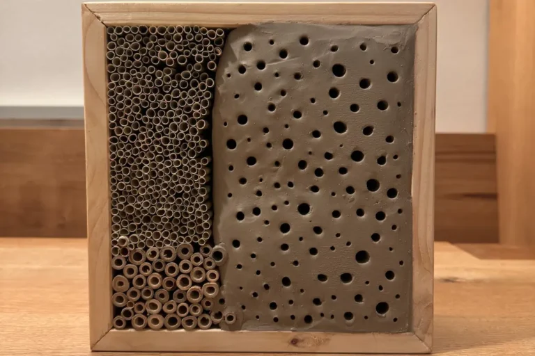 DIY-Bienenstein aus Ton – Eine Nisthilfe für Wildbienen Ein Bienenstein aus Ton, eingefasst in einem Holzrahmen.