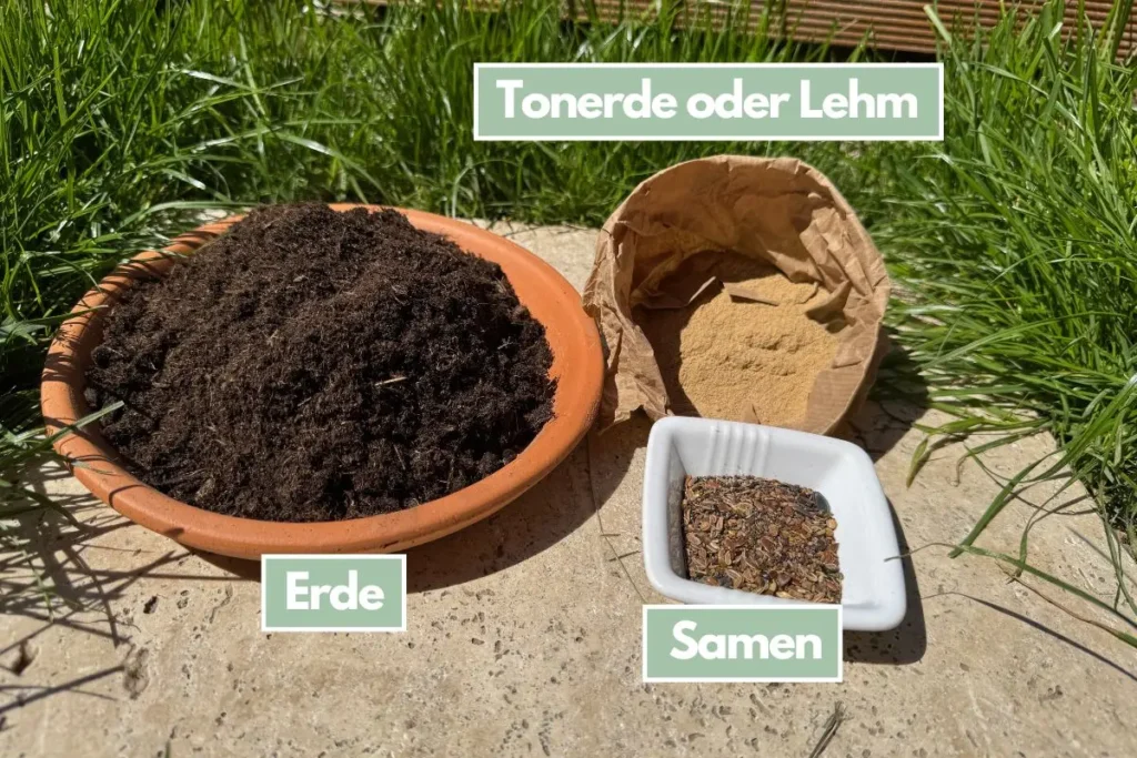 Verschiedenen Materialien stehen im Garten auf dem Boden (Lehm, Erde, Samen)