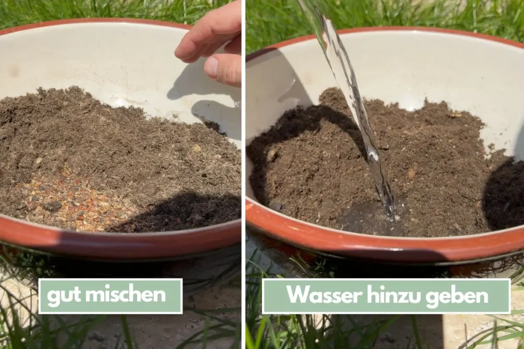 Schale mit Erde, wo erklärt wird, dass Zutaten gemischt werden müssen