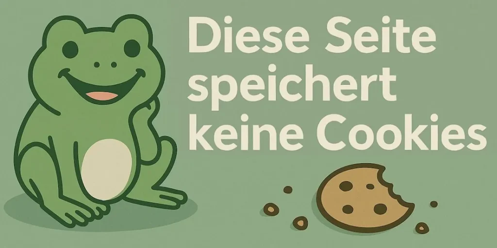 Illustration von einem Frosch und einem Keks mit dem Hinweis, dass die Webseite keine Cookies speichert.