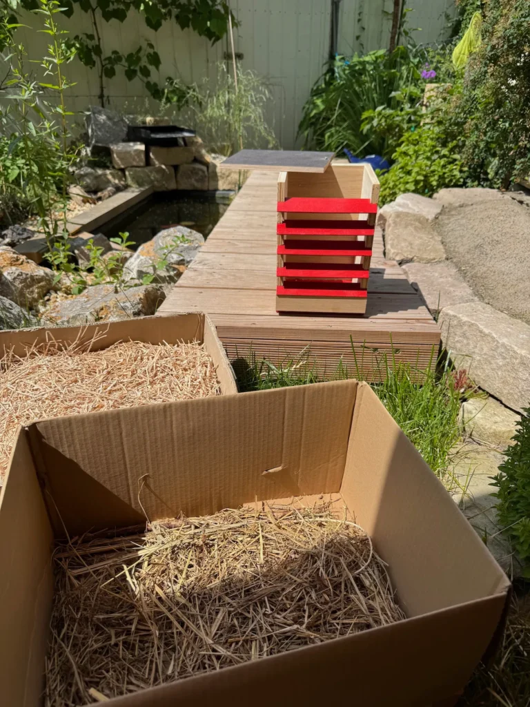 Füllmaterial (Stroh und Holzspäne) und ein Florfliegenkasten stehen im Garten.