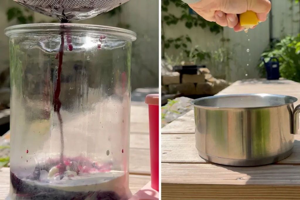 Eine Zitrone wird per Hand in einen Topf gepresst. Eine Blaubeeren-Masse wird durch ein Sieb passiert.