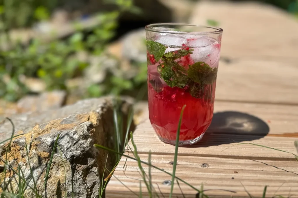 Himbeer-Minz-Drink in einem Glas.
