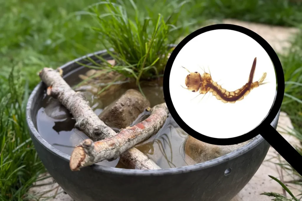 Mini-Teich mit einer Lupenillustration, die eine Mückenlarve vergrößert darstellt.