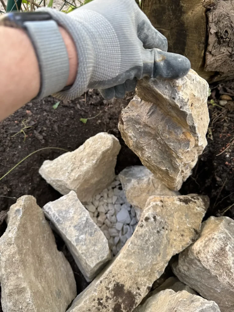 Detailaufnahme eines Zwischenraums als Rückzugsort für Reptilien und Amphibien.