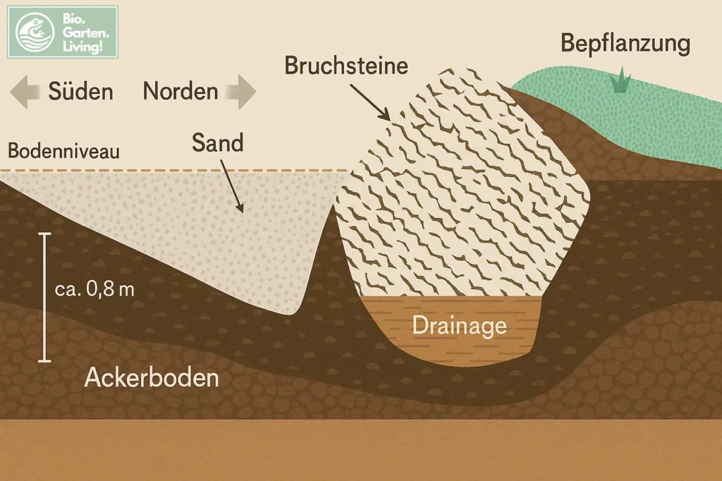 Querschnittsskizze einer Reptilien- und Amphibienburg mit Sand, Bruchsteinen, Drainage und Erde