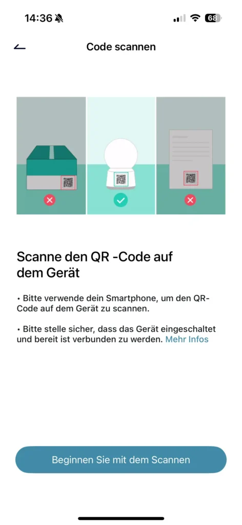 Screenshot der PetTec iOS App der das Koppeln via QR-Code erklärt