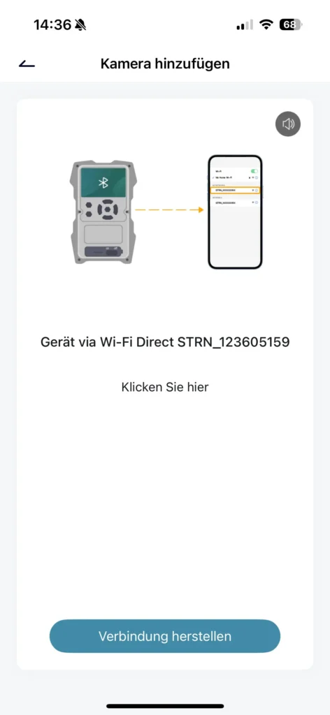 Screenshot der PetTec iOS App der die Kopplung von Smartphone und Wildtierkamera zeigt