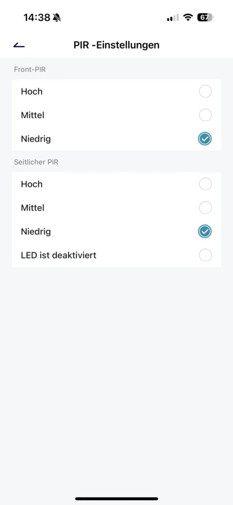 Screenshot der PetTec iOS App mit Einstellungsmöglichkeiten des Infrarotsensors