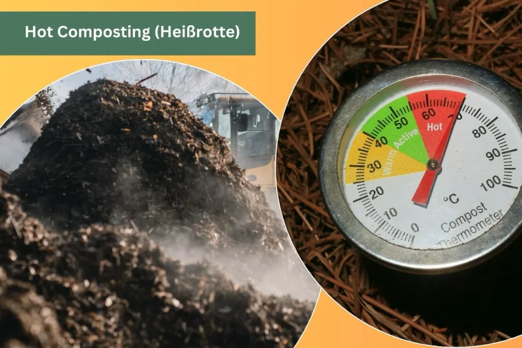 Dampfender Komposthaufen mit Thermometer, das hohe Temperaturen anzeigt.