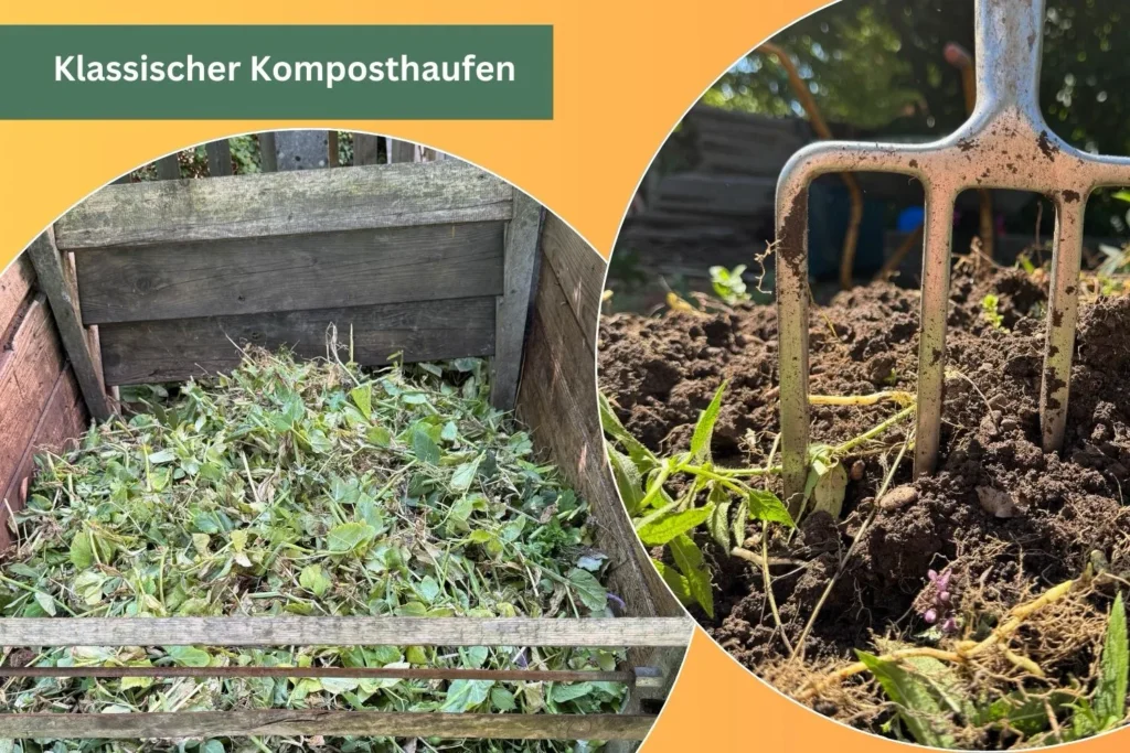 Offener Komposthaufen aus Holz mit frischem Grünschnitt und Gartenabfällen.
