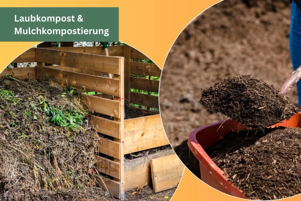 Komposthaufen mit Laub und Gehölzschnitt sowie eine Schubkarre mit fertigem Mulchkompost.