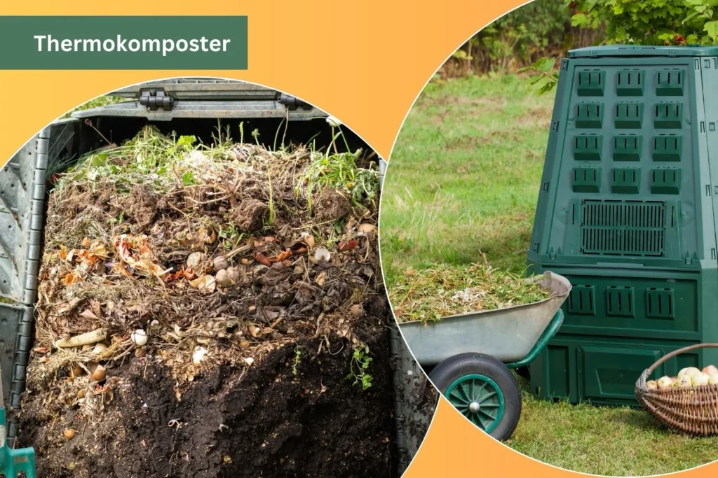 Geschlossener grüner Thermokomposter mit geöffnetem Deckel, daneben eine Schubkarre mit Gartenabfällen.