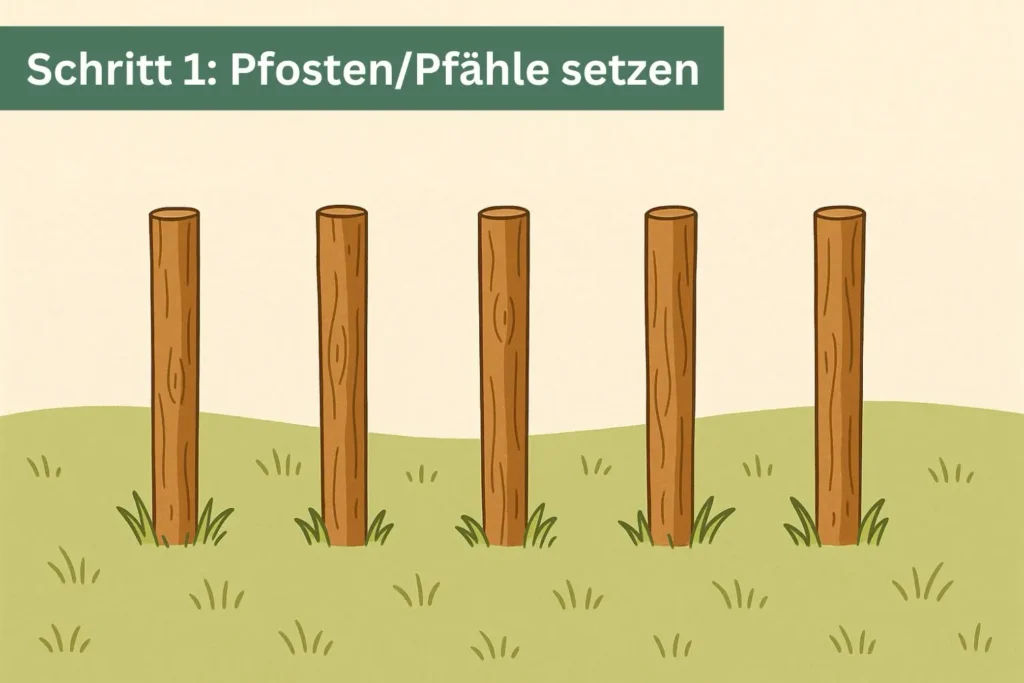 Illustration: Pfosten setzen als erster Schritt beim Bau einer Benjeshecke – fünf Holzpfähle in einer Reihe im Gartenboden.
