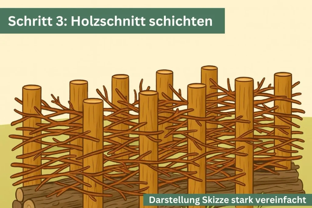 Illustration: Holzschnitt schichten – dicke Äste unten, darüber kleinere Zweige locker zwischen den Pfosten aufgeschichtet.