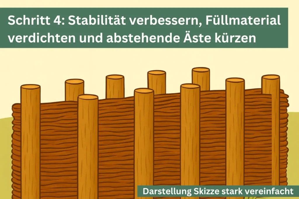 Illustration: Benjeshecke verdichten und stabilisieren – Füllmaterial kompakt einarbeiten, abstehende Äste einkürzen.