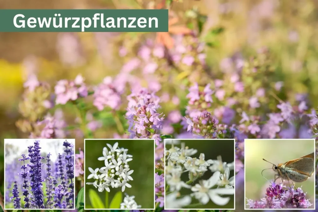 Gewürzpflanzen wie Thymian, Waldmeister, Bärenklau und Dost blühen im Naturgarten und locken Insekten für Fledermäuse an.