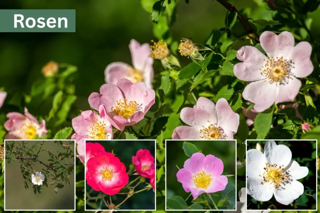 Wildrosen wie Hundsrose, Feldrose und Bibernellrose mit offenen Blüten und Hagebutten für Insekten, Vögel und Fledermäuse.