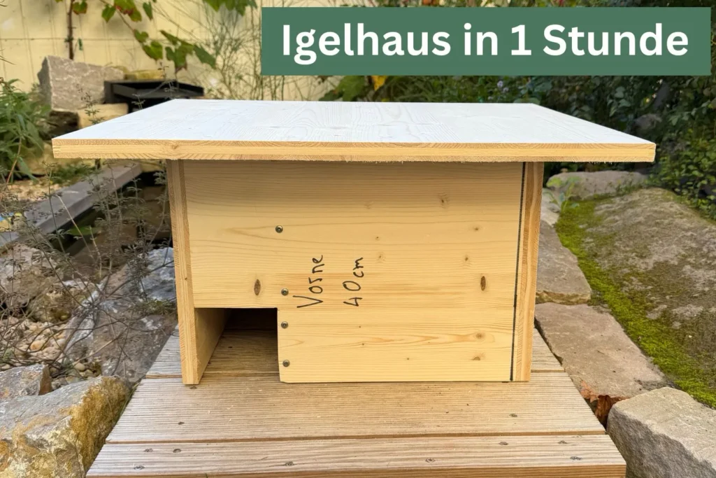 Fertig gebautes Igelhaus aus Holz mit großem Dach auf einem Holzsteg.