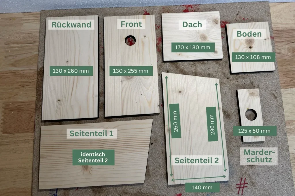 Zuschnittplan für Nistkasten: Front, Rückwand, Dach, Boden, Seitenteile und Marderschutz aus Fichtenholz.