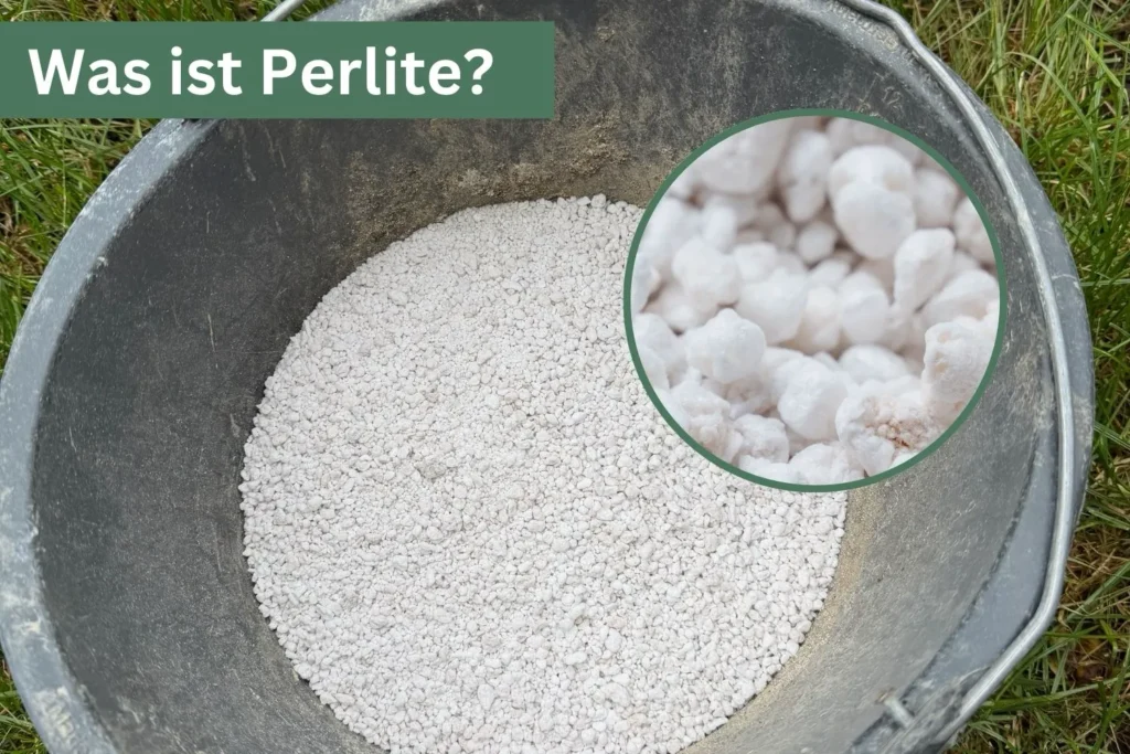 Eimer mit weißem Perlite-Granulat zur Verwendung im Garten.