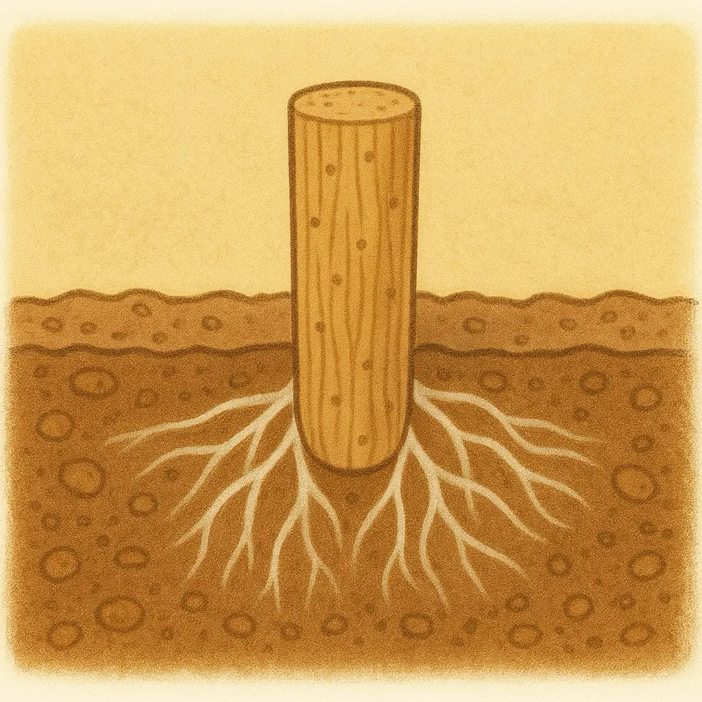 Querschnitt durch Substrat mit einem eingesetzten Holzdübel, aus dem sich das Pilzmycel wie feine weiße Fäden ausbreitet.