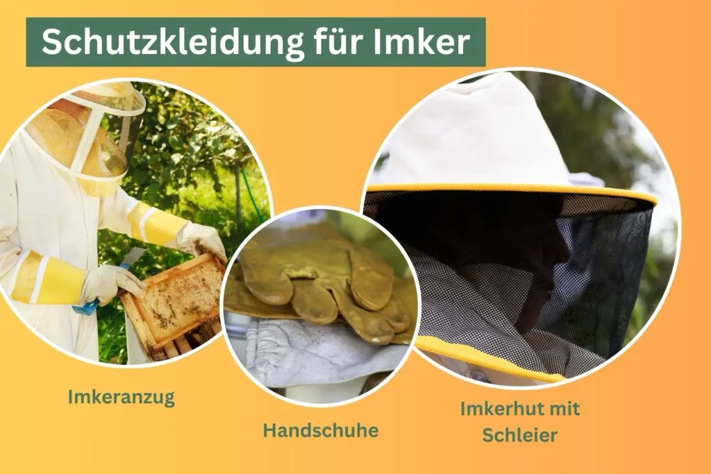 Imkeranzug, Handschuhe und Imkerhut mit Schleier als Schutzkleidung für Imker in einer Übersichtsgrafik.