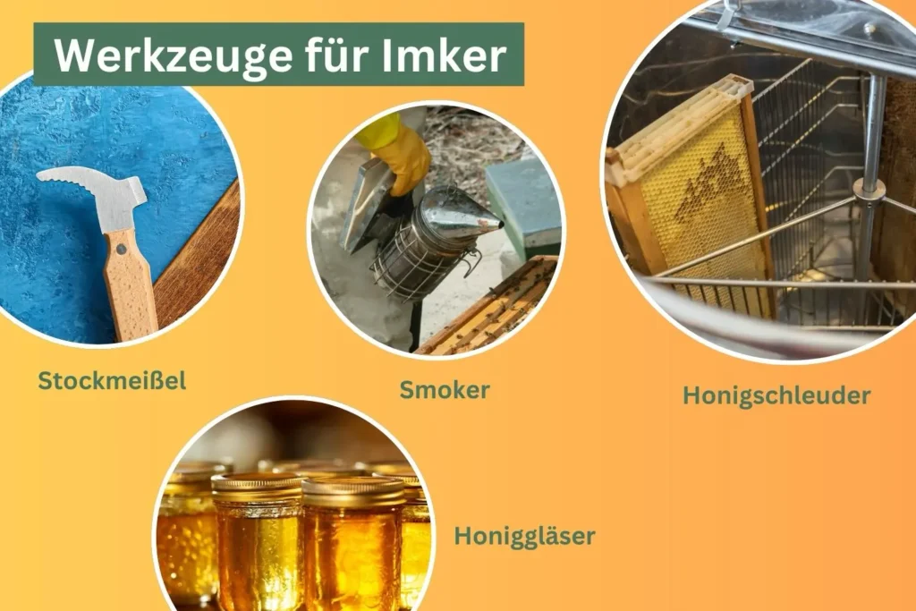 Übersichtsgrafik mit Werkzeugen für Imker: Stockmeißel, Smoker, Honigschleuder und Honiggläser.
