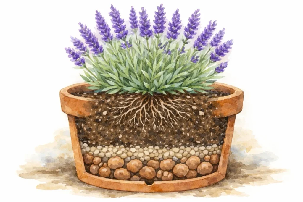 Aquarell-Illustration eines Lavendels im Terrakotta-Topf im Querschnitt mit Blähton-Drainageschicht und durchlässiger Erde mit Granulatanteil
