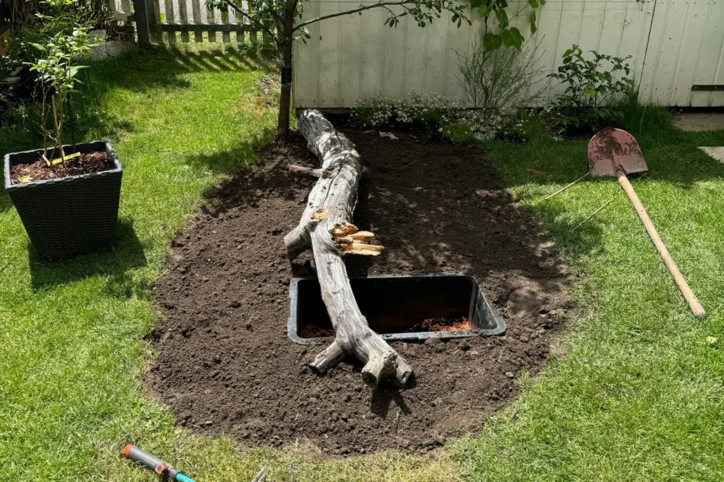 Frisch angelegtes Wildblumenbeet mit Totholzstruktur und gelockertem Boden.