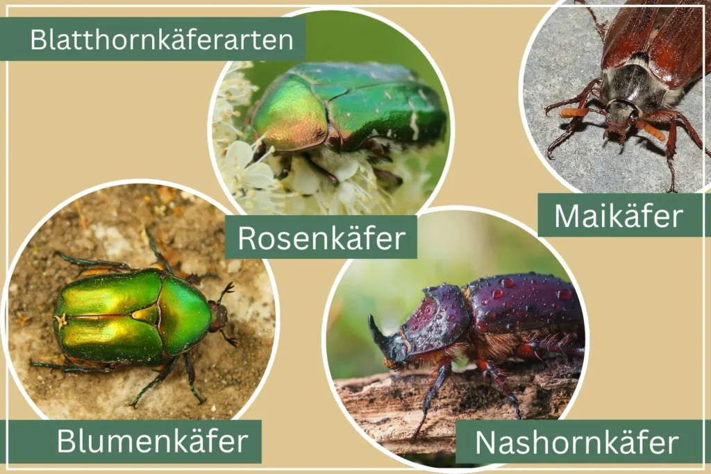 Übersicht verschiedener Blatthornkäferarten: Maikäfer, Rosenkäfer, Nashornkäfer und Blütenkäfer im Vergleich.