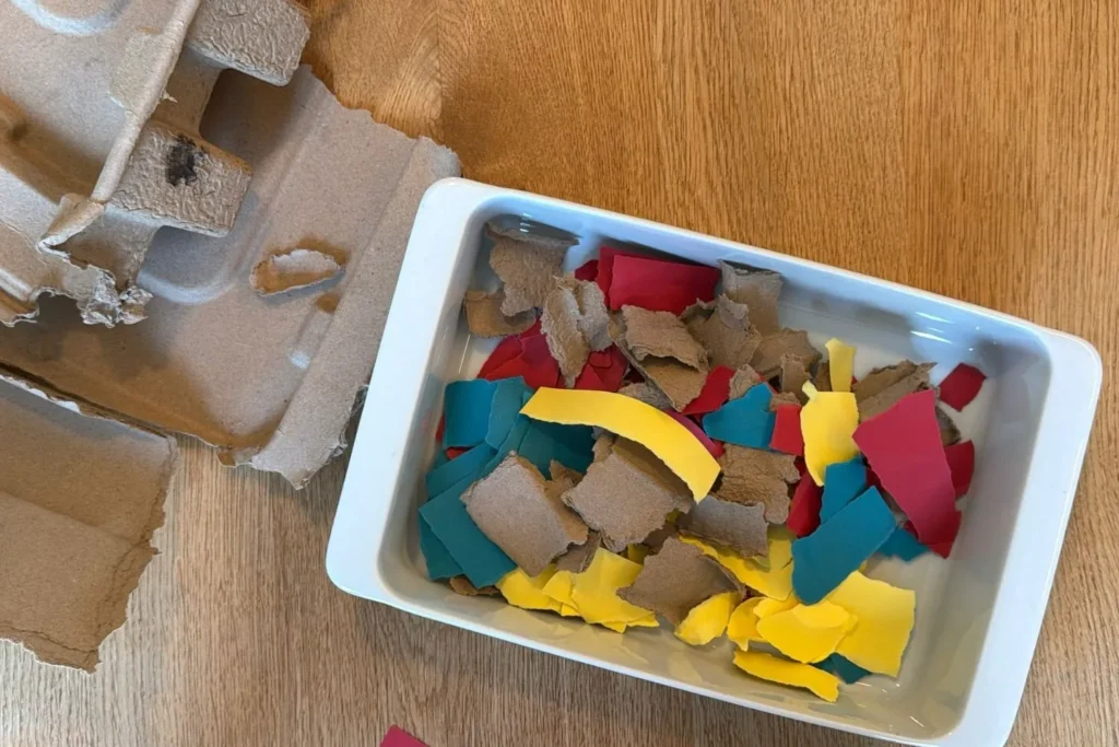 Buntes Tonpapier und zerrissene Eierkartons liegen bereit als Material fĂŒr Samenpapier.