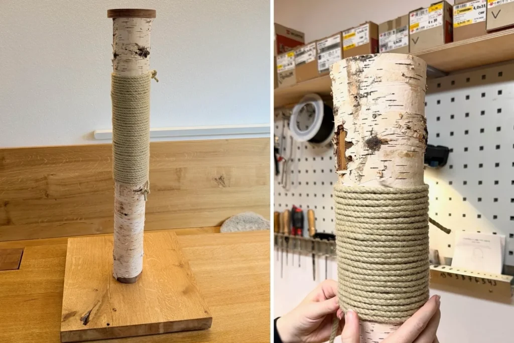 Fertiger Kratzstamm aus Birkenstamm mit Sisal auf Eichenbodenplatte in Naturholzoptik.