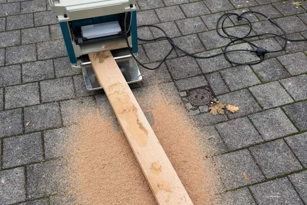 Holzspäne fliegen beim Hobeln eines Eichenbretts für den Kratzstamm aus Naturholz.