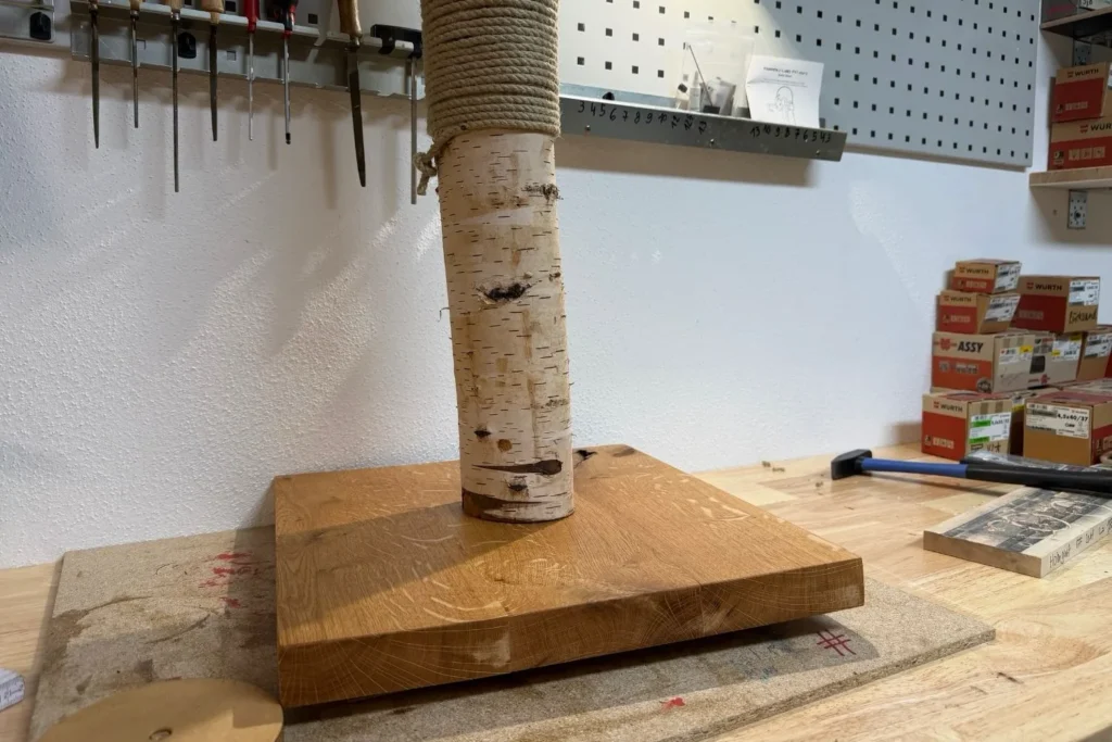 DIY-Kratzstamm aus Birke während des Aufbaus in der Werkstatt, Seitenansicht.