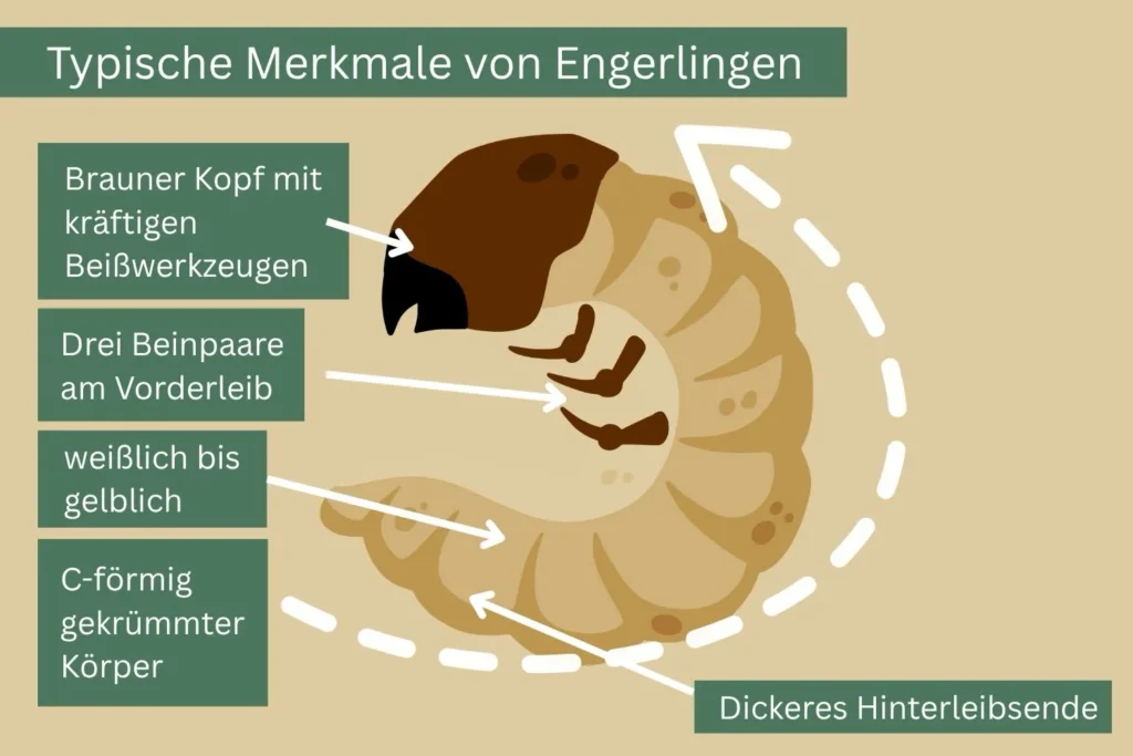 Grafische Darstellung der typischen Merkmale eines Engerlings mit Beschriftungen.