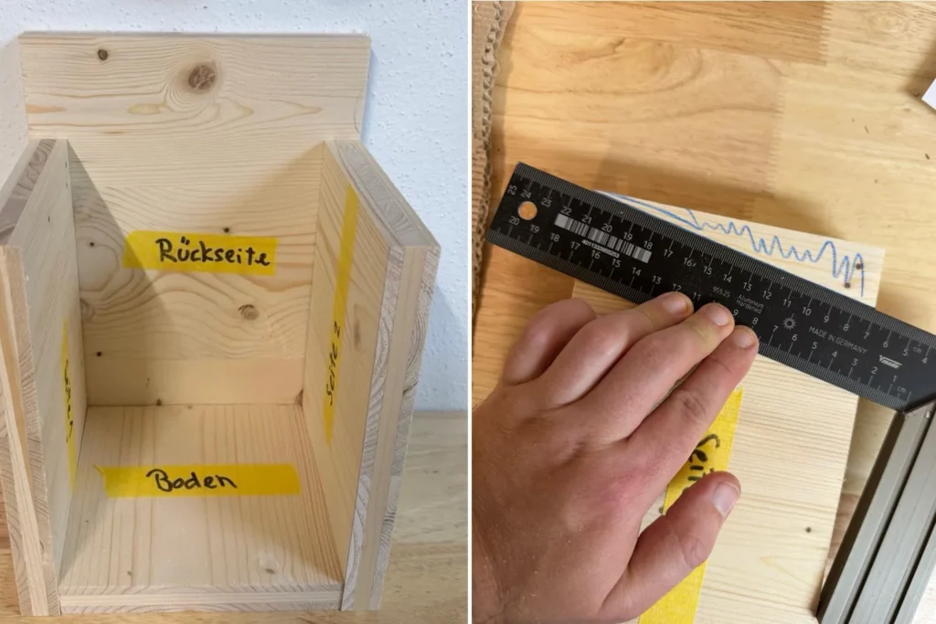 Zur Probe zusammengestellte Teile des Halbhöhlen-Nistkastens. Die Dachschräge wird angezeichnet.