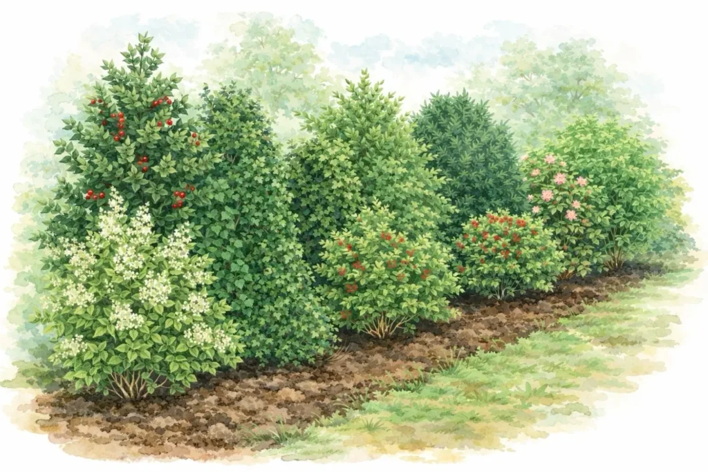 Aquarell-Illustration einer versetzt gepflanzten Mischhecke aus heimischen Sträuchern für natürlichen Sichtschutz und Artenvielfalt