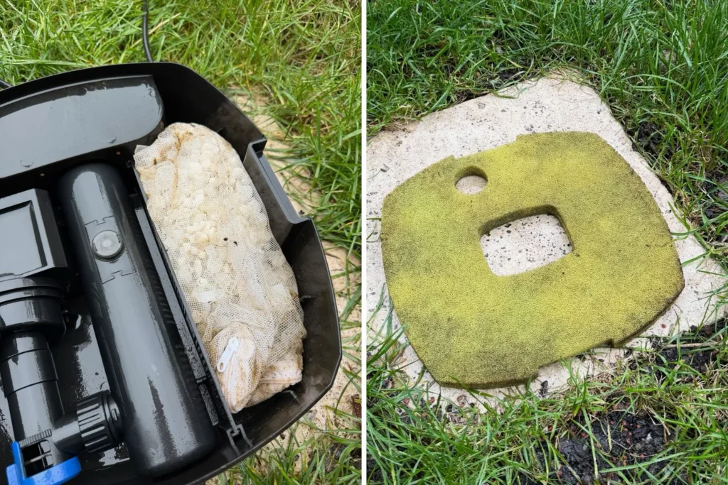 Geöffnete Teichpumpe mit Filtermaterial und Biomedien im Netzbeutel