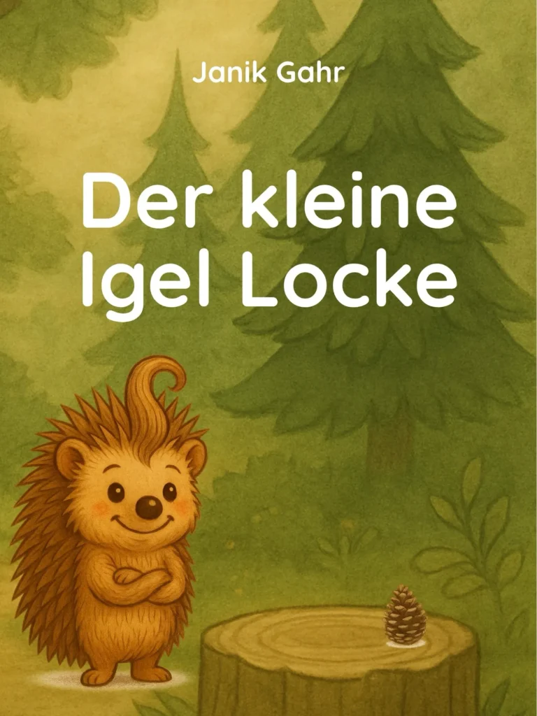 Cover des Kinderbuchs ‚Der kleine Igel Locke‘ mit dem lächelnden Igel Locke vor einem Waldhintergrund und einem Baumstumpf mit Tannenzapfen.