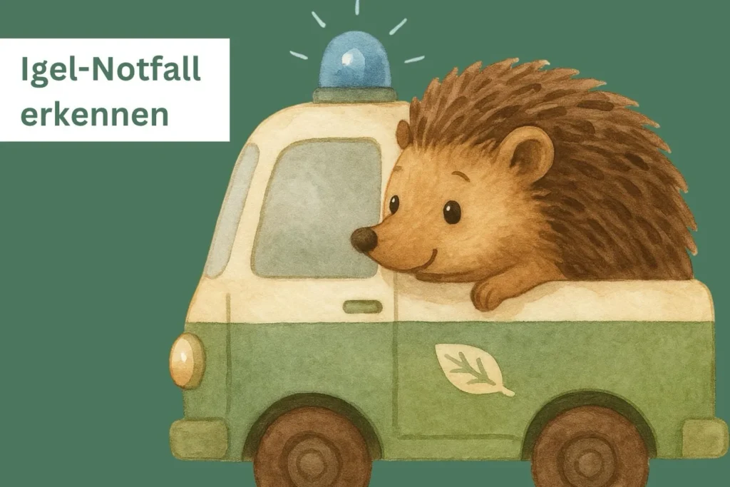 Illustration eines Igels in einem kleinen Auto mit Blaulicht, symbolisch für einen Notfall. Text auf dem Bild: „Igel-Notfall erkennen“. Die Grafik steht für die erste Einschätzung und schnelle Hilfe bei einem hilfsbedürftigen Igel.