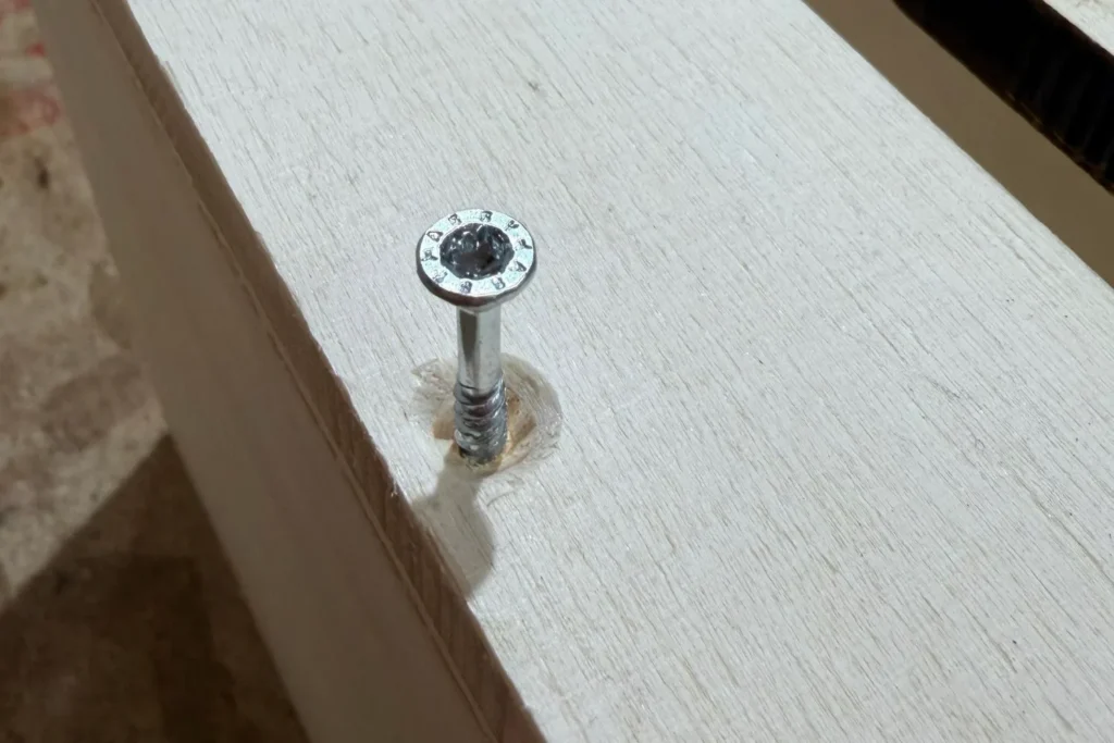 Angesenktes Schraubloch mit eingesetzter Schraube in einer Holzplatte.
