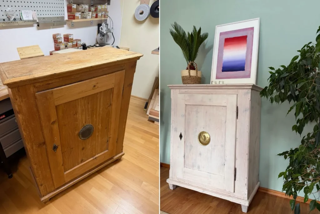 Vorher-Nachher-Vergleich eines restaurierten Brotschranks: links dunkles Fichtenholz, rechts heller Brotschrank mit kalkweißer Lasur und goldenem Lüftungsgitter.