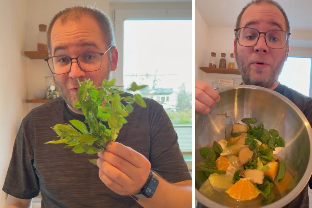 Person hält frische Minze und zeigt eine Schüssel mit Ingwer, Orangen, Zitronen und Minze.