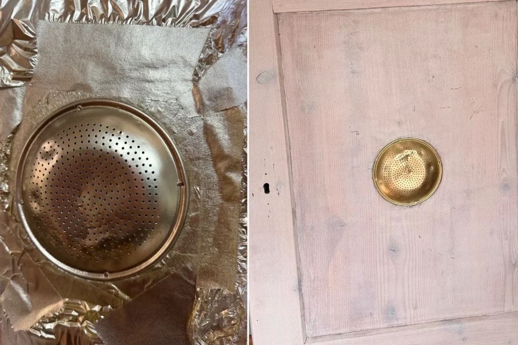 Vorher-Nachher-Vergleich des Lüftungsgitters nach dem Trocknen des matten Goldlacks.