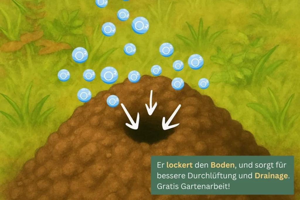 llustration eines Maulwurfhügels mit Pfeilen und Sauerstoffblasen, die die bessere Belüftung des Bodens darstellen.