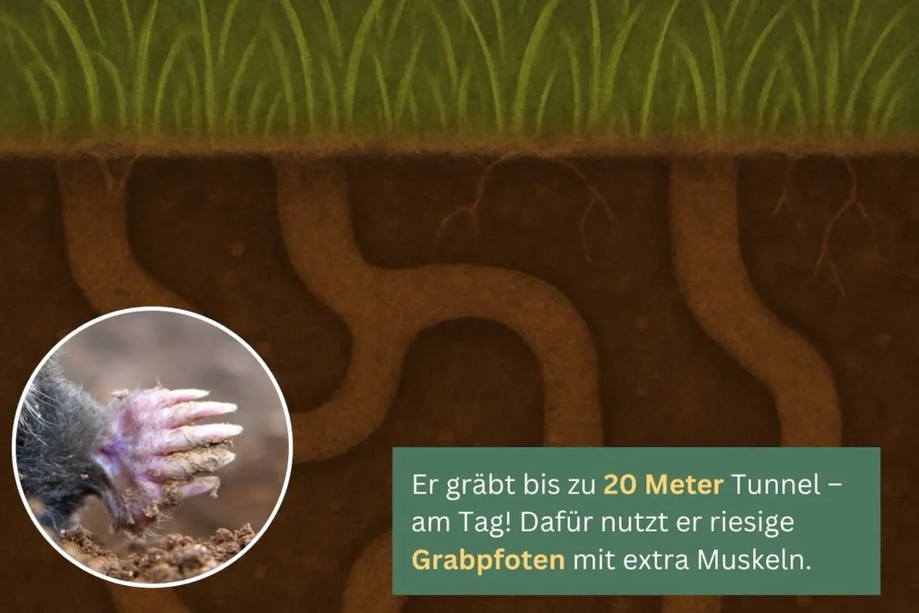 Illustration eines Maulwurftunnelsystems im Boden mit Detailaufnahme einer maulwurfstypischen Grabpfote.