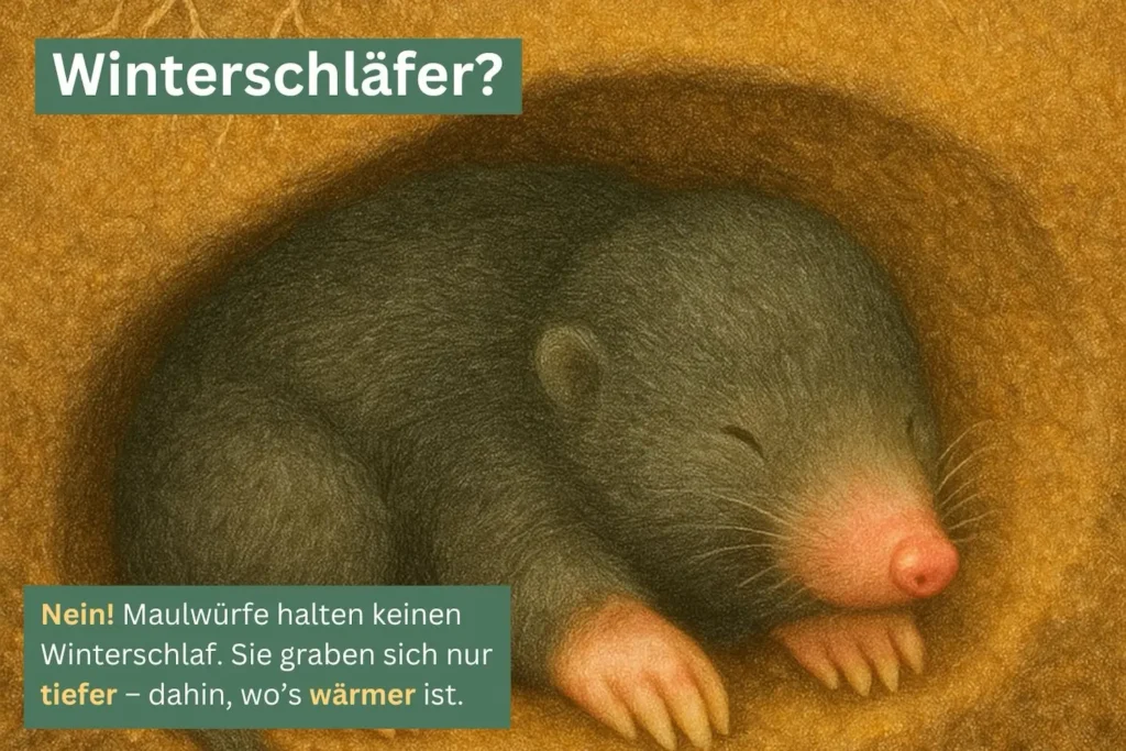 Illustration eines schlafenden Maulwurfs in einer Erdhöhle, der sich im Winter in tiefere Bodenschichten zurückzieht.