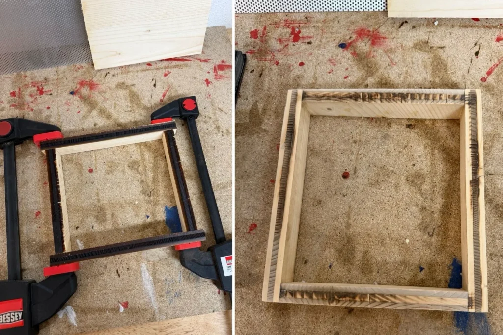 Bodenrahmen aus vier Holzleisten wird auf der Werkbank zusammengesetzt und mit Zwingen fixiert.