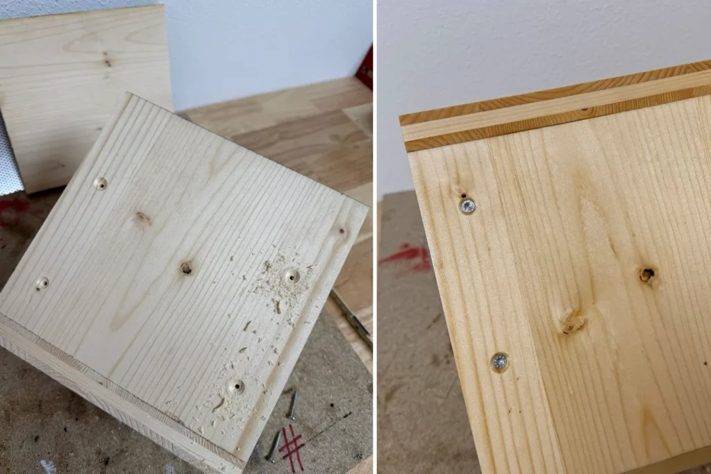 Vogelfutterhaus-Dachplatte mit vorgebohrten Senkbohrungen und später befestigten Schrauben.